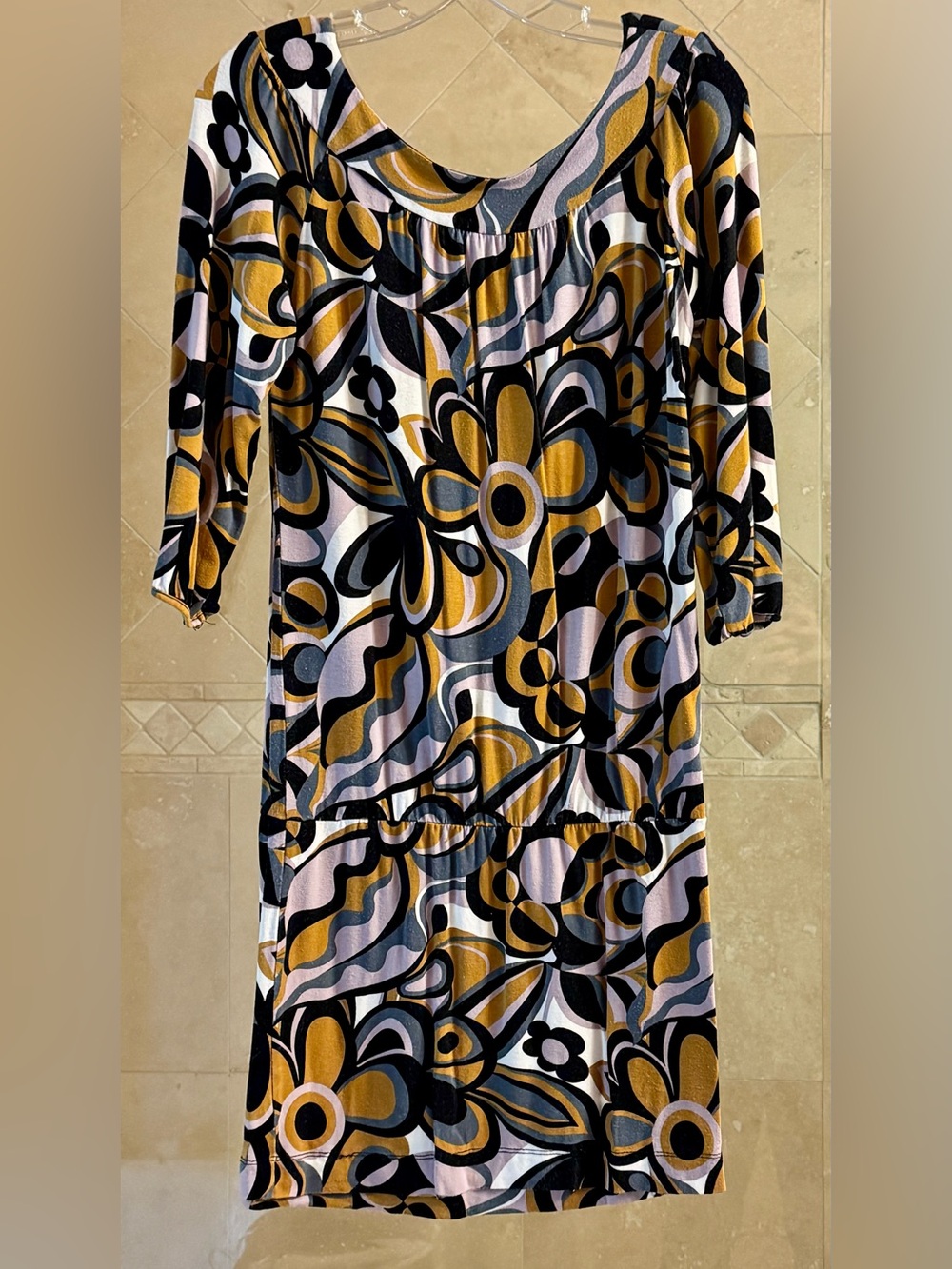 BCBGMaxAzria Retro Floral Scoop-Neck Dress in Mustard, Black, Pale Purple